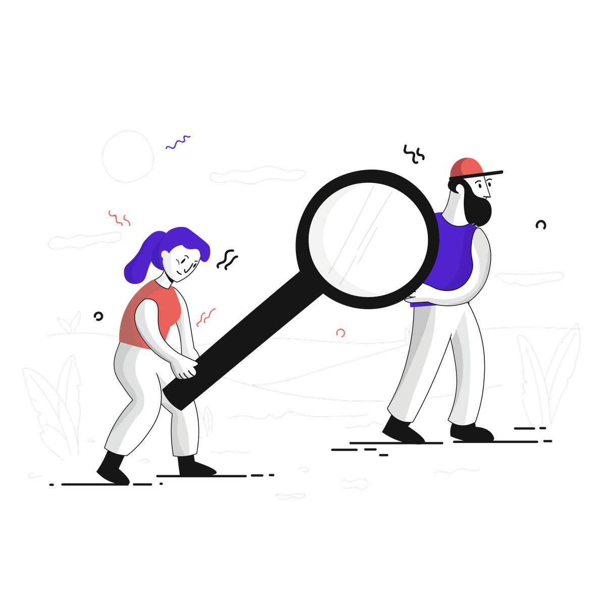 Ilustración Team members carrying magnifying glass, search engine optimization collaboration en estilo Pixeltrue a descargar en PNG y SVG