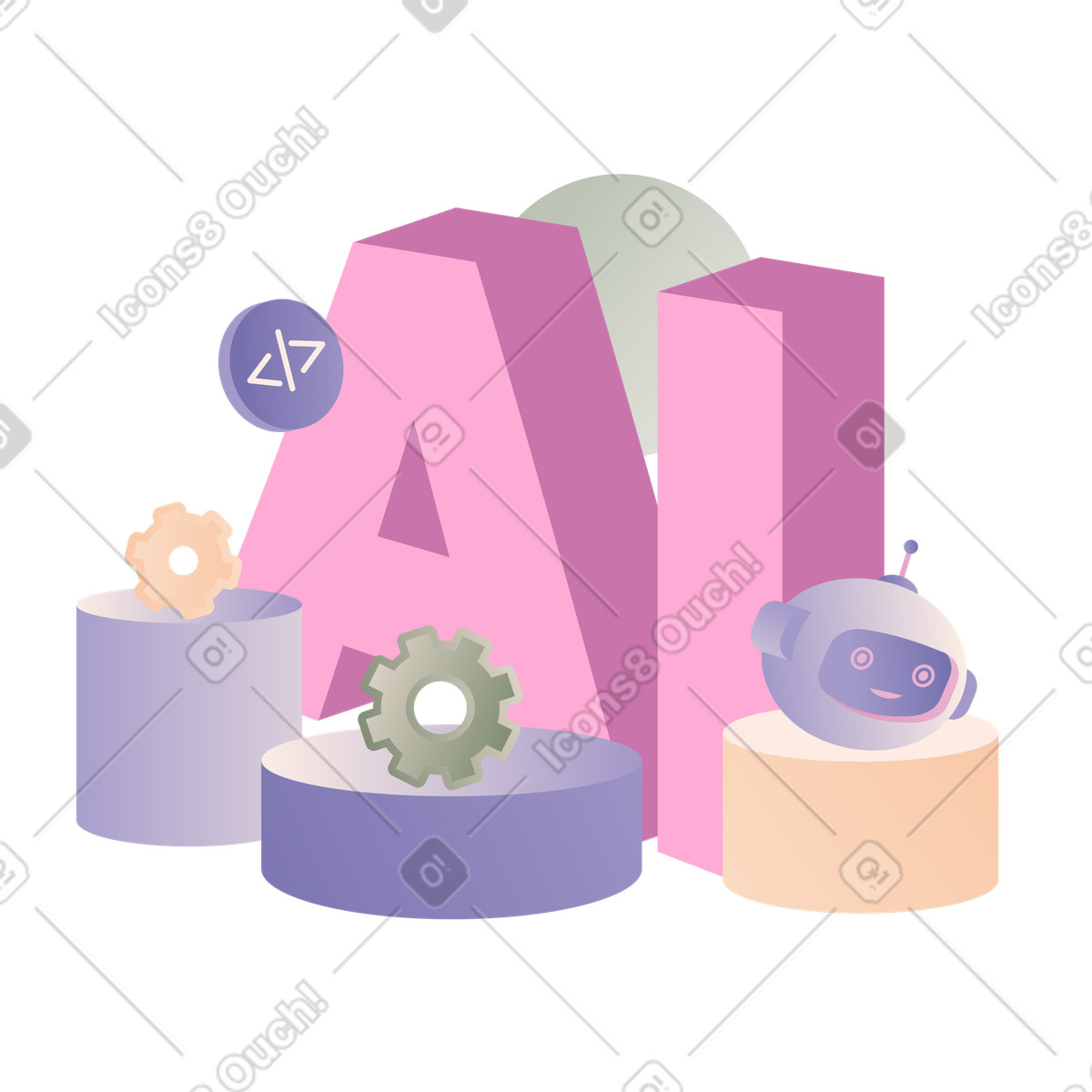 Ai lettering with robot head and gears, artificial intelligence technology digital innovation illustration in Coworking style download in PNG, SVG