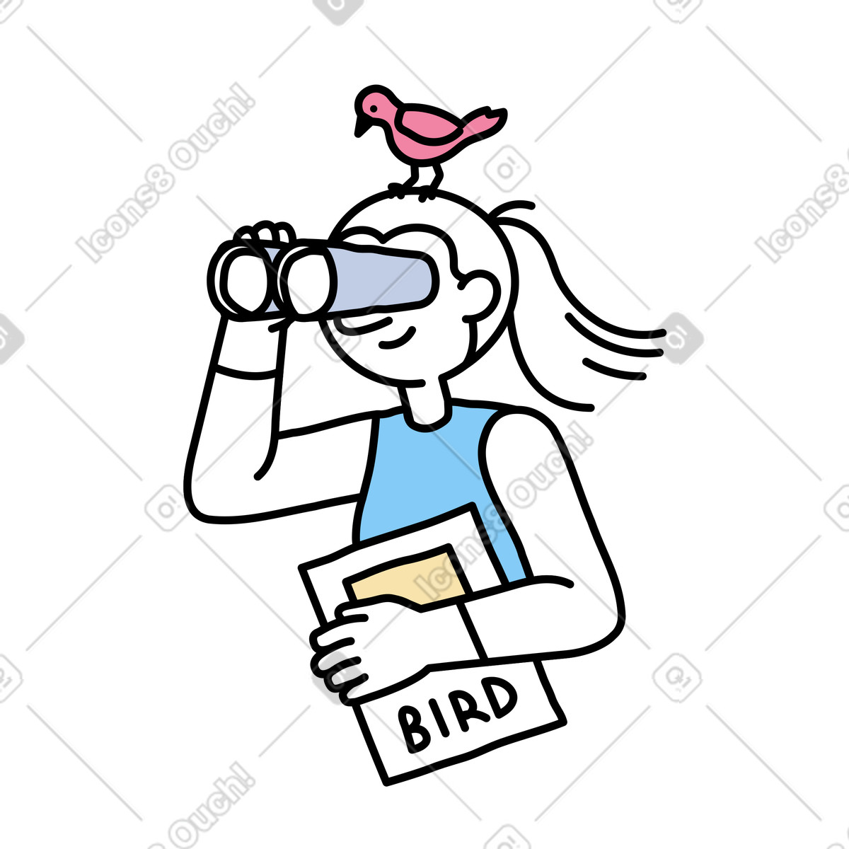 Notes スタイルの 鳥を観察する若い女性 のイラストをPNG、SVG形式でダウンロード