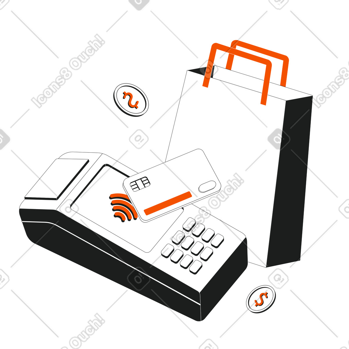 下载 Strict 风格的 POS terminal with card and shopping bag, Fast retail payment 插画，支持 PNG、SVG 格式