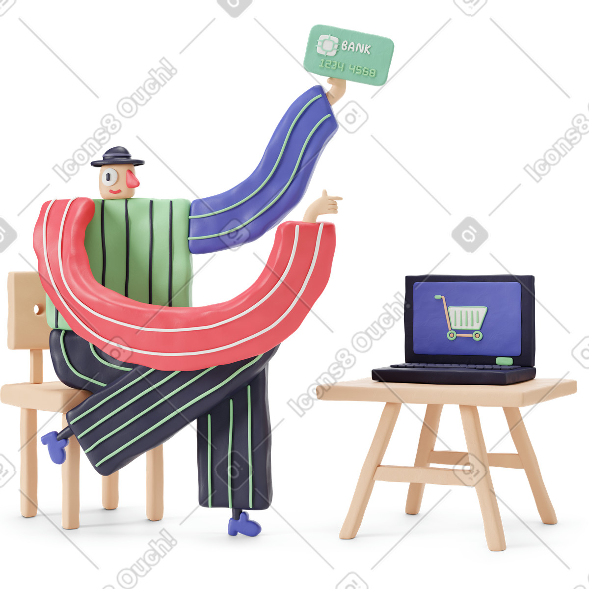 Shopping with credit card from home, Online transaction or ordering illustrazione in stile 3D Stripy scarica in PNG, SVG