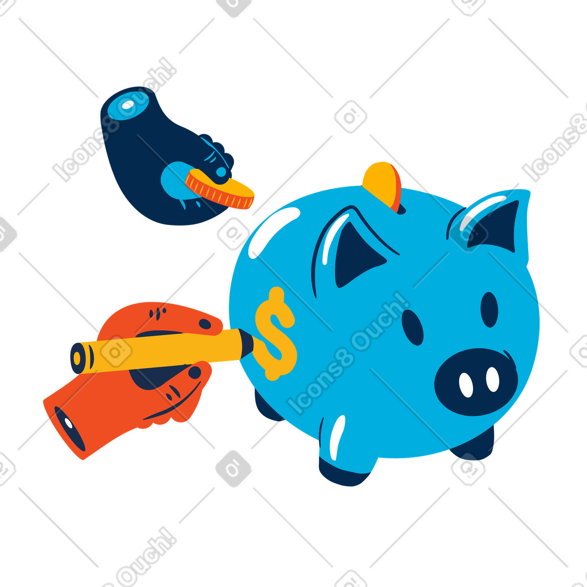 下载 Flame 风格的 Hands drawing a dollar sign on the piggy bank and putting coins in it 插画，支持 PNG、SVG 格式