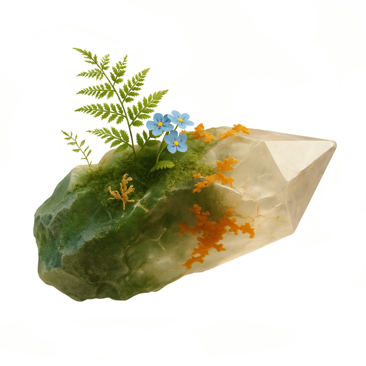 Mossy crystal with fern and blue flowers, Nature-inspired decoration illustrazione in stile Biomorphic scarica in PNG, SVG