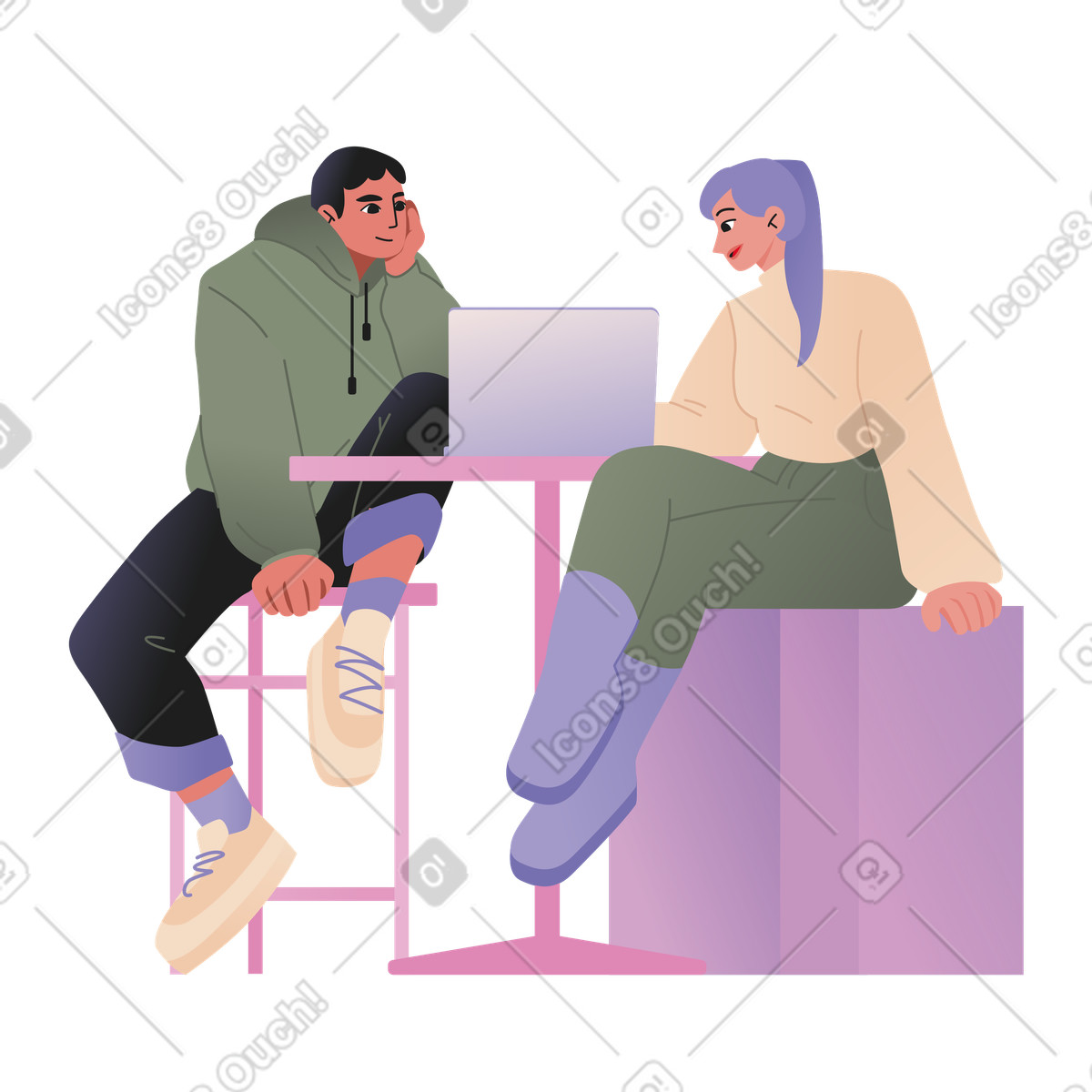 Illustration Coworkers working together at desk with laptop, Office teamwork and brainstorming dans le style Coworking à télécharger aux formats PNG, SVG