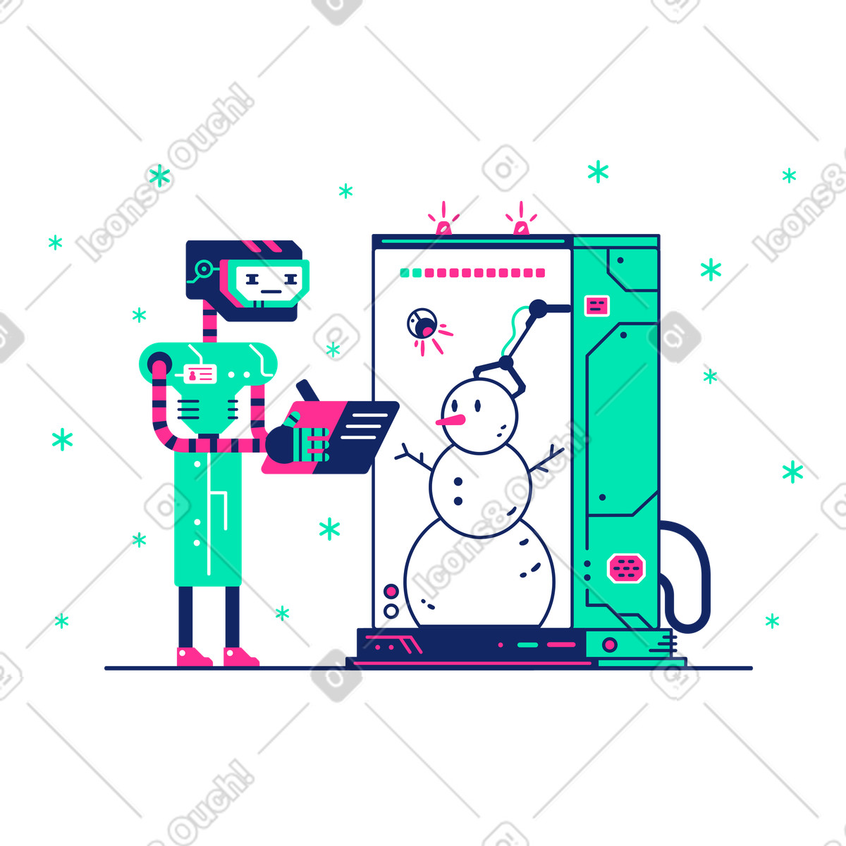 Ilustración Robot comprueba la precisión del montaje muñeco de nieve. en estilo Cyborg a descargar en PNG y SVG