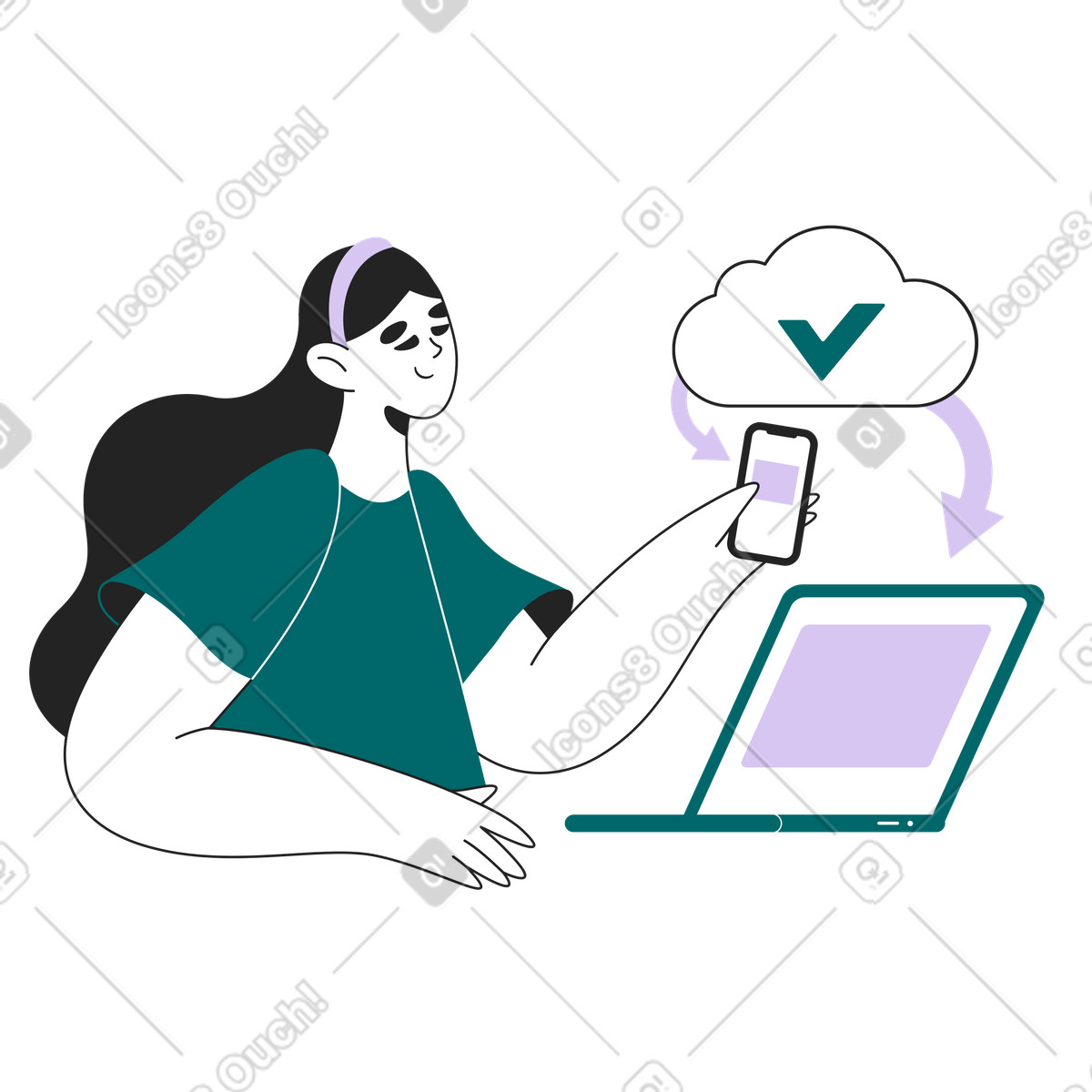 Ilustração de Downloading files from cloud to phone and laptop, file sharing sync em no estilo Sammy Line para baixar em PNG, SVG