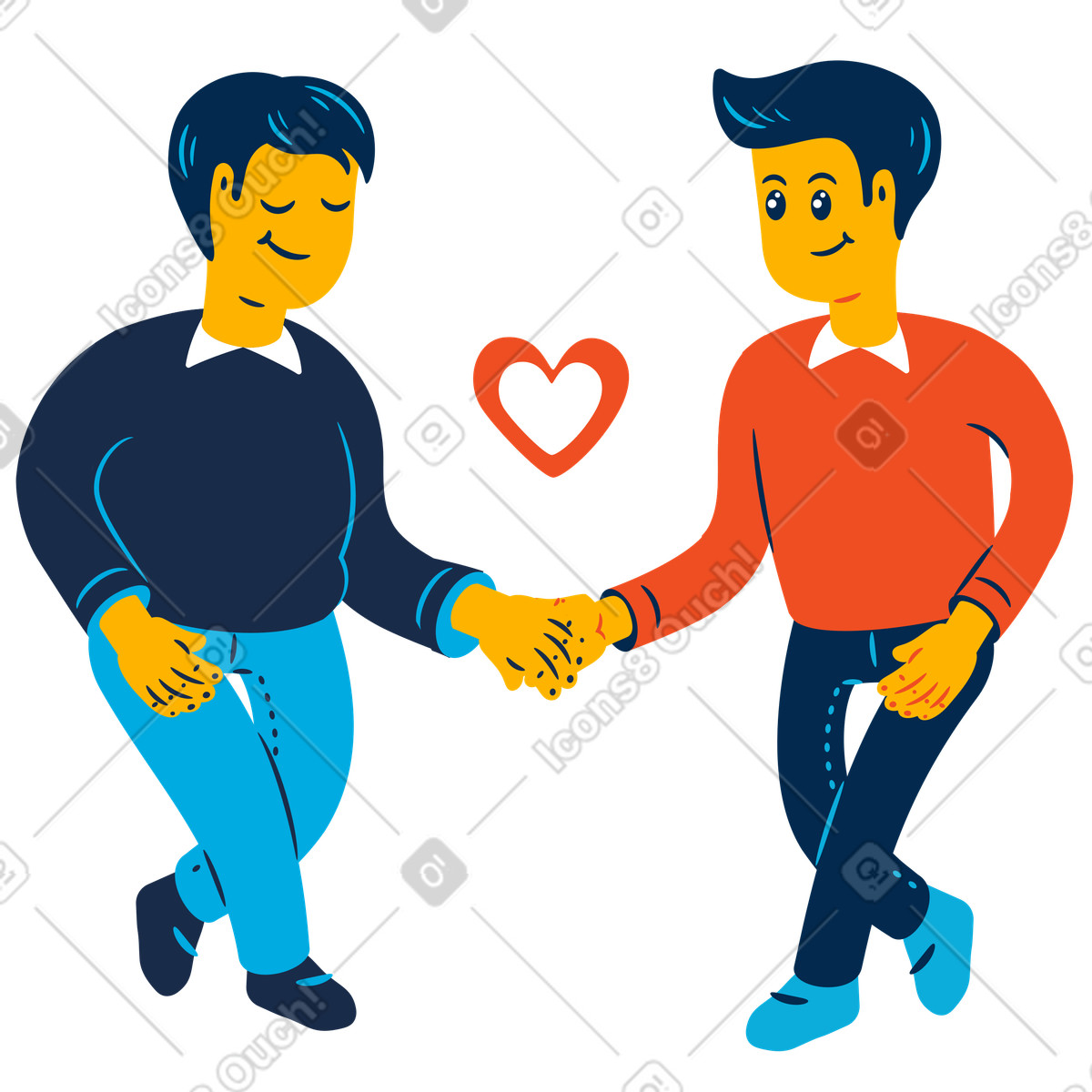 Couple smiling and walking together, LGBT partnership connection illustration in Flame style download in PNG, SVG