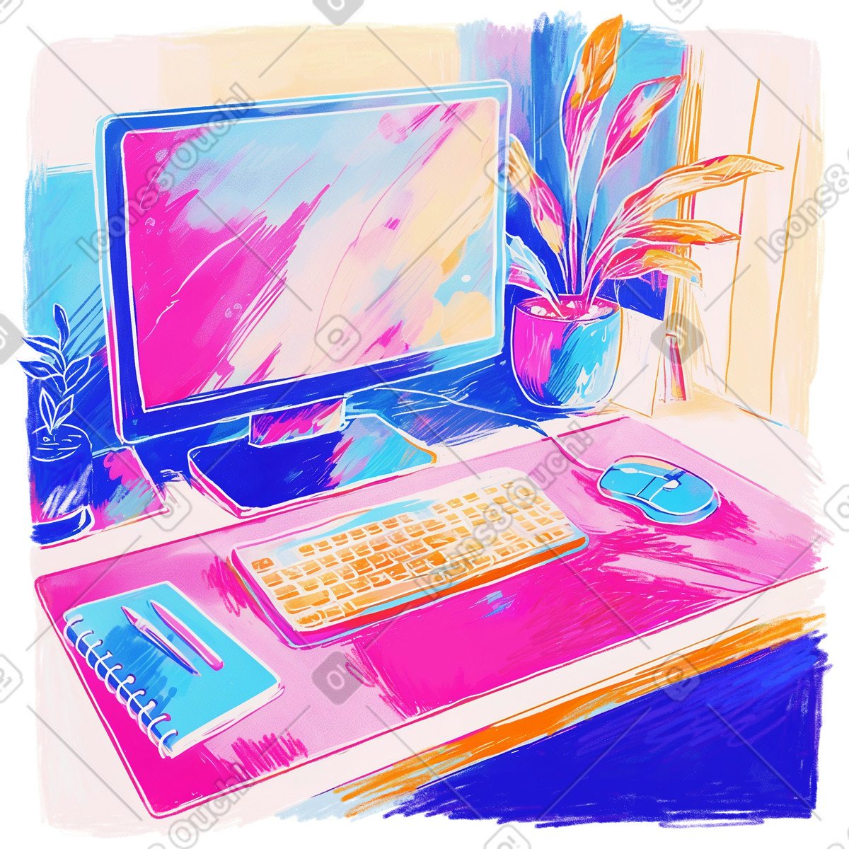 Disegno a matita di un ufficio domestico con computer desktop illustrazione in stile Fuchsia scarica in PNG, SVG