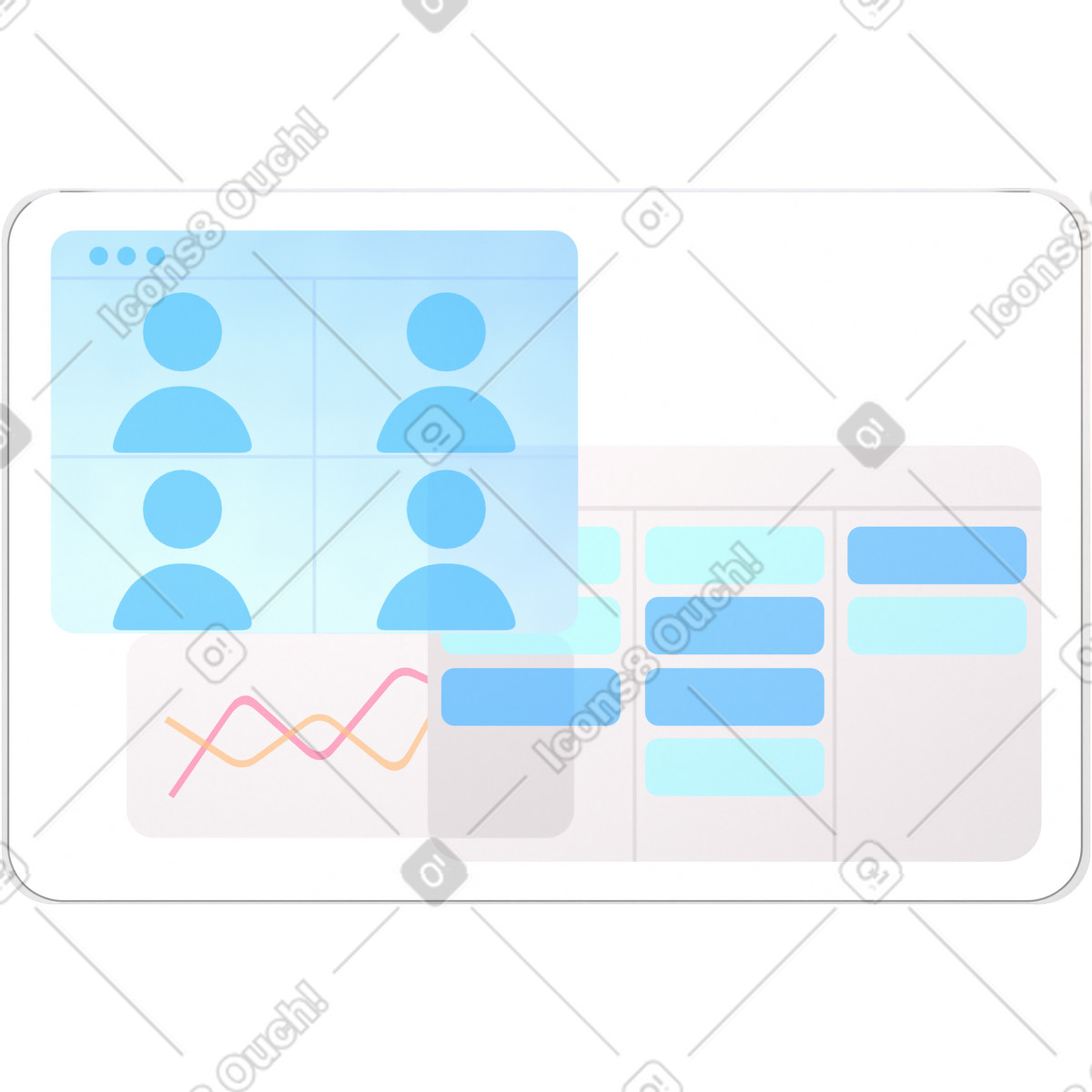 Transparent screen with infographics, task board and online call window illustration in 3D Glassy style download in PNG, SVG