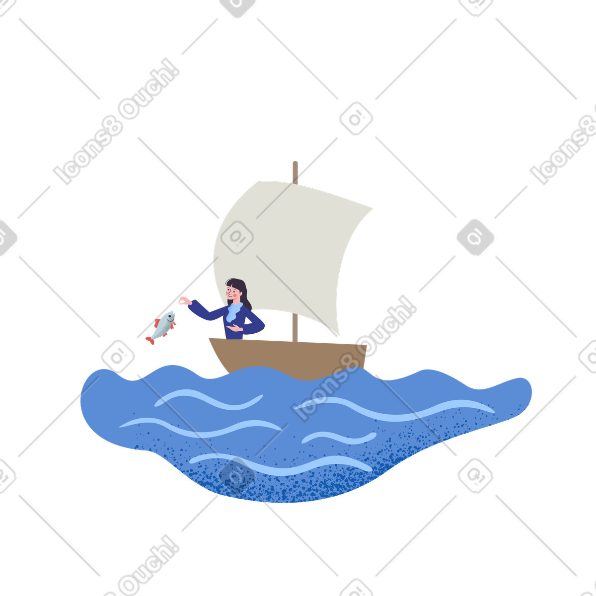 Frau auf yacht fängt fische-Illustration im Pale-Stil als Download in PNG, SVG