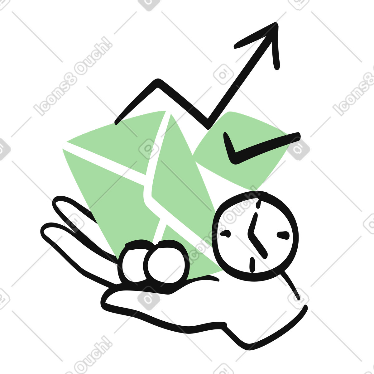 Organic 스타일의 Business growth arrow rising above supporting hand with clock symbol 일러스트레이션 PNG, SVG 다운로드