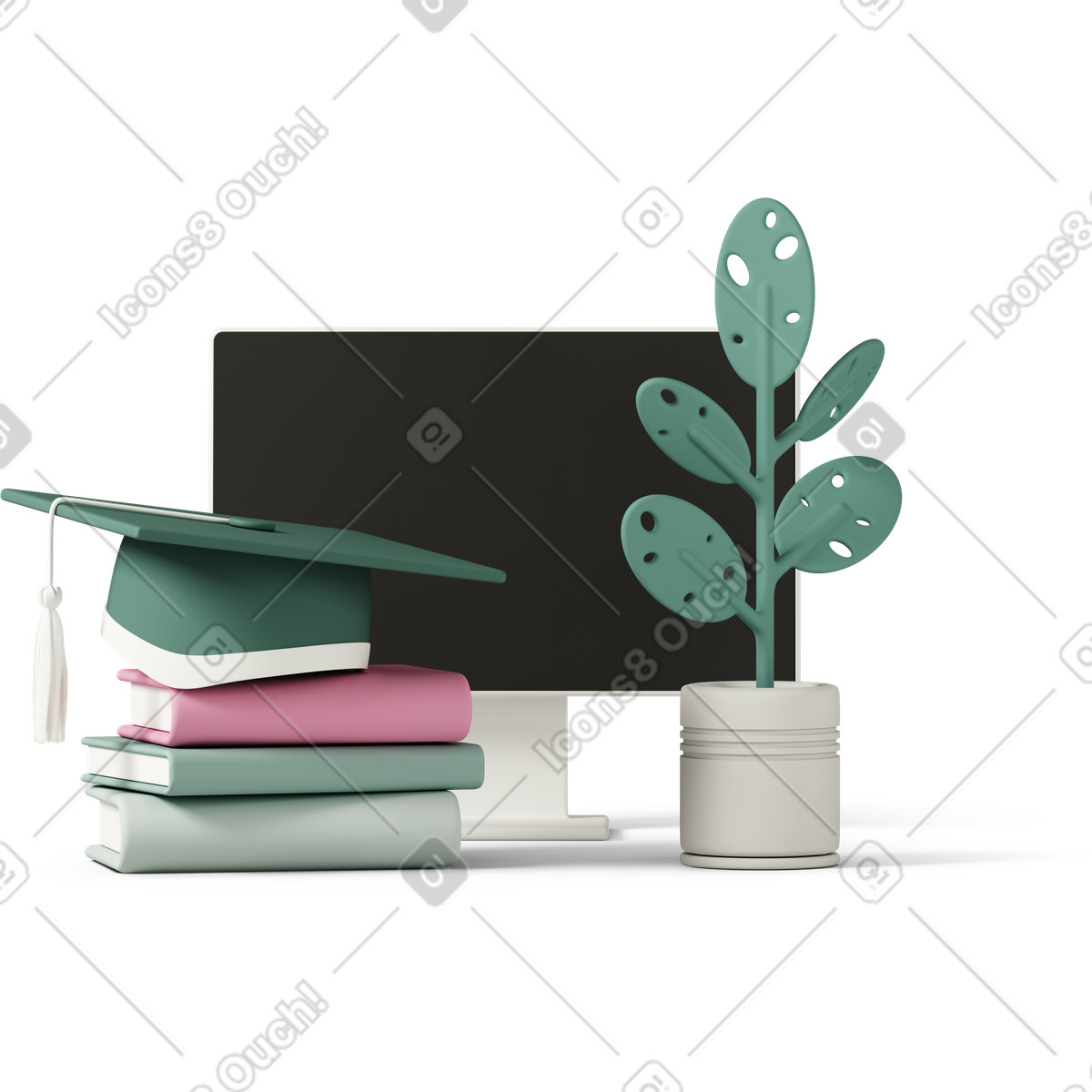 3D Casual life 스타일의 Computer monitor, mortarboard and books for remote education 일러스트레이션 PNG, SVG 다운로드