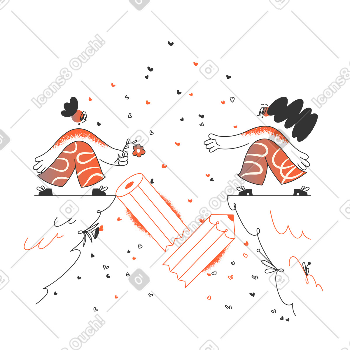 Couple reaching across broken pencil bridge, Communication failure or relationship distance illustration in Crayon style download in PNG, SVG