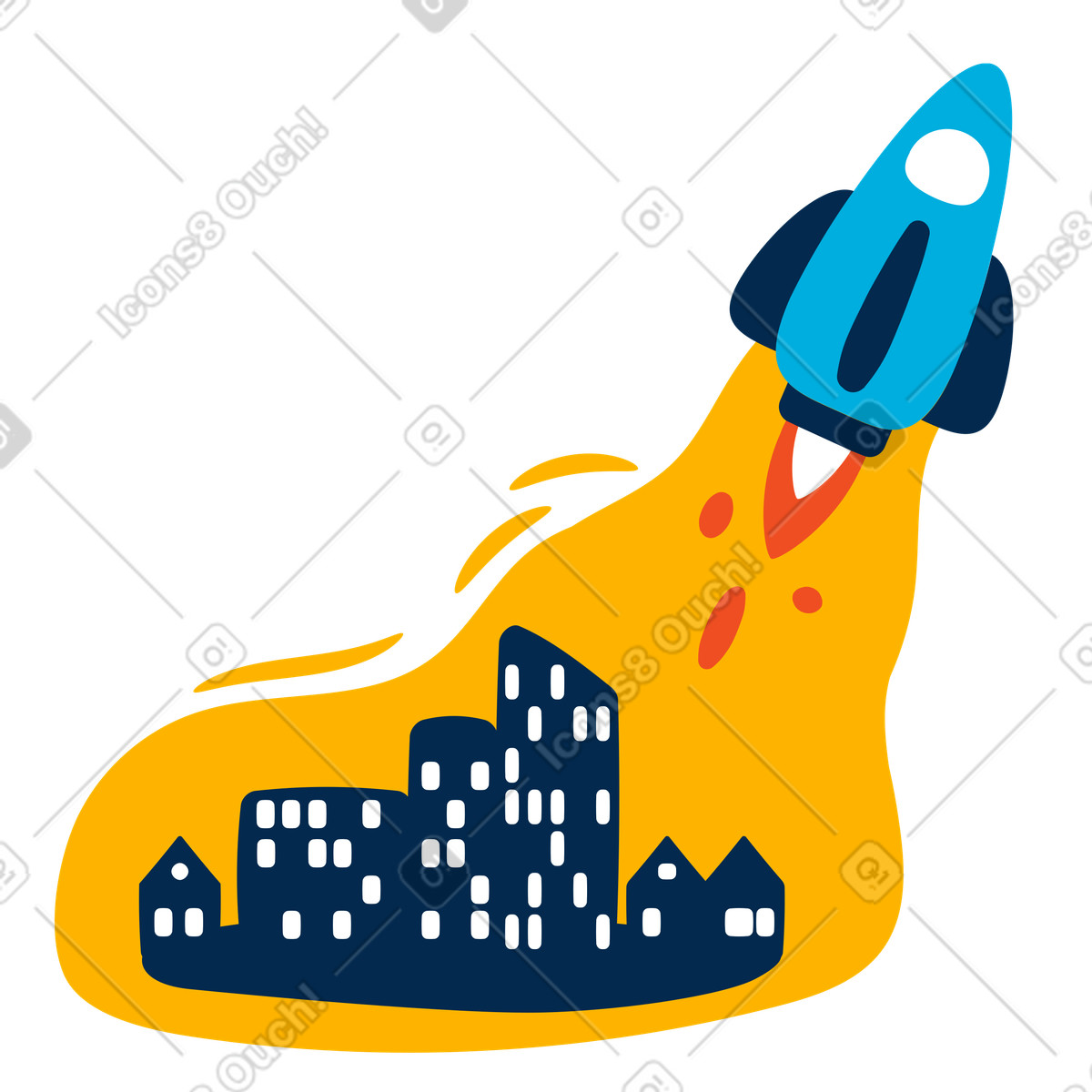 Rocket launch with city background illustration in Flame style download in PNG, SVG