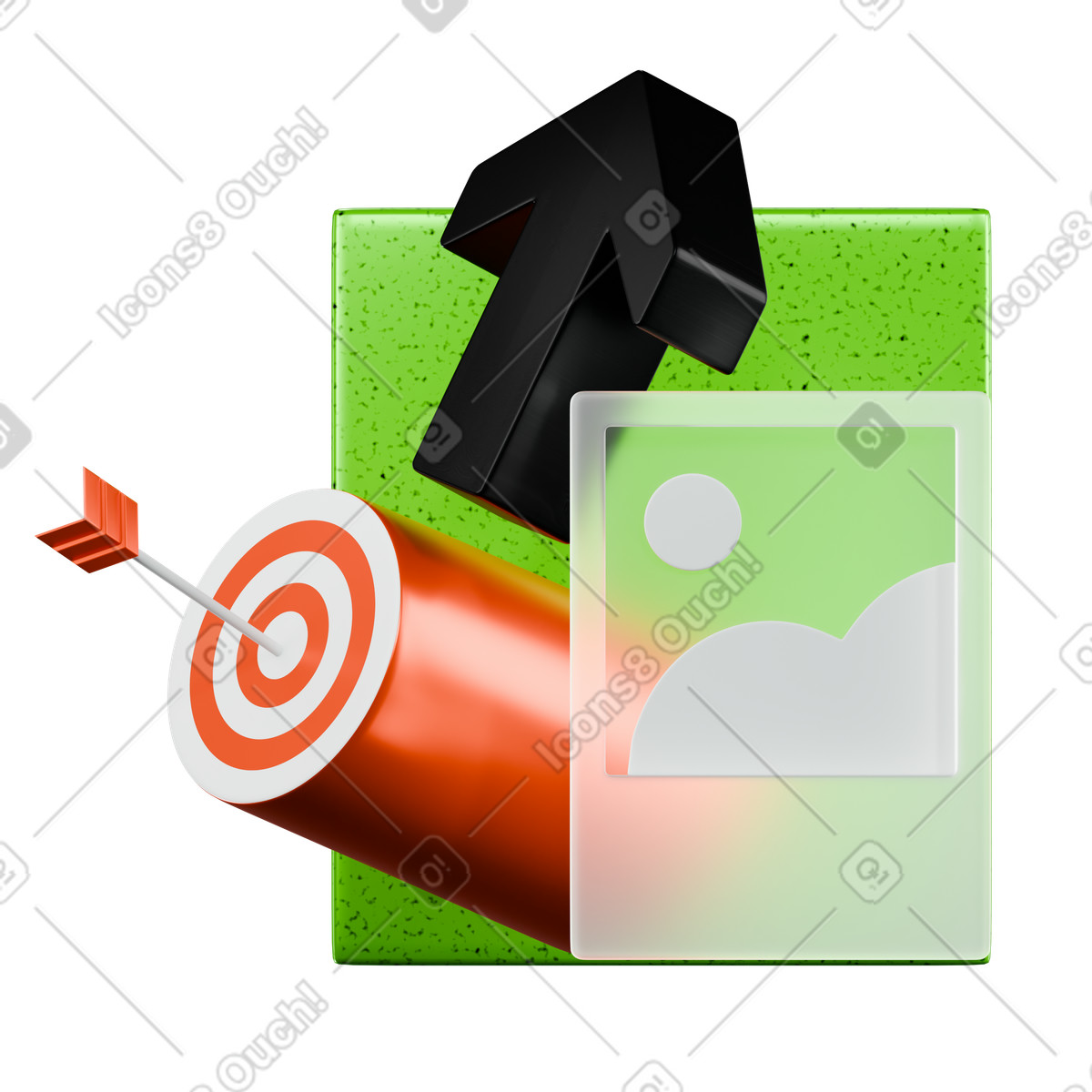 Ilustração de Target and upward arrow with content card, Targeted advertising campaign em no estilo 3D Platforms para baixar em PNG, SVG