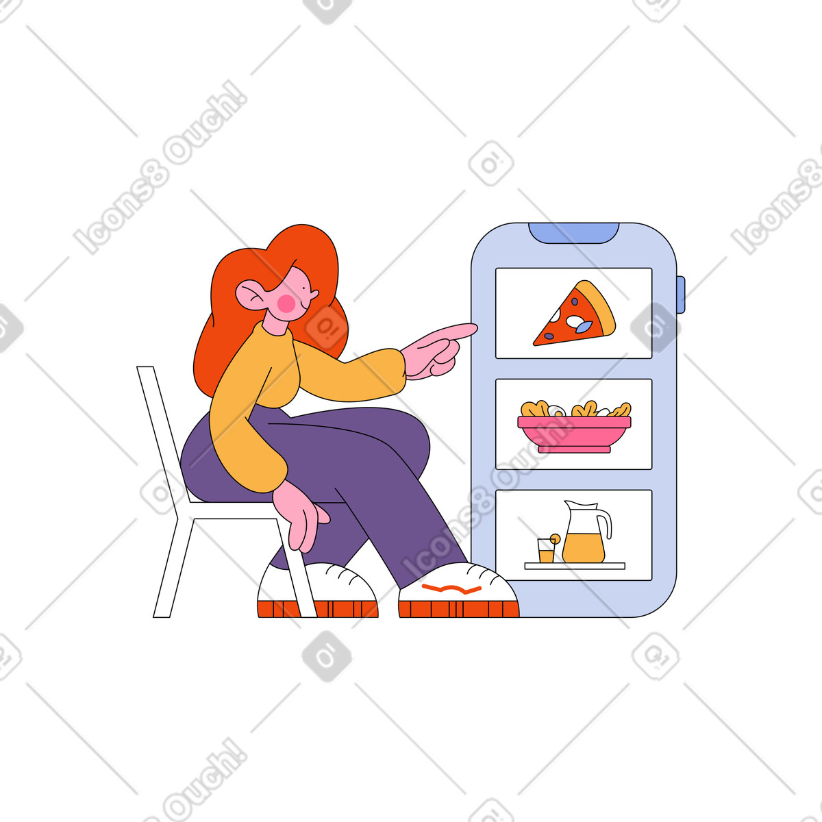 Illustration Fille commandant de la nourriture en ligne dans le style Bloom à télécharger aux formats PNG, SVG