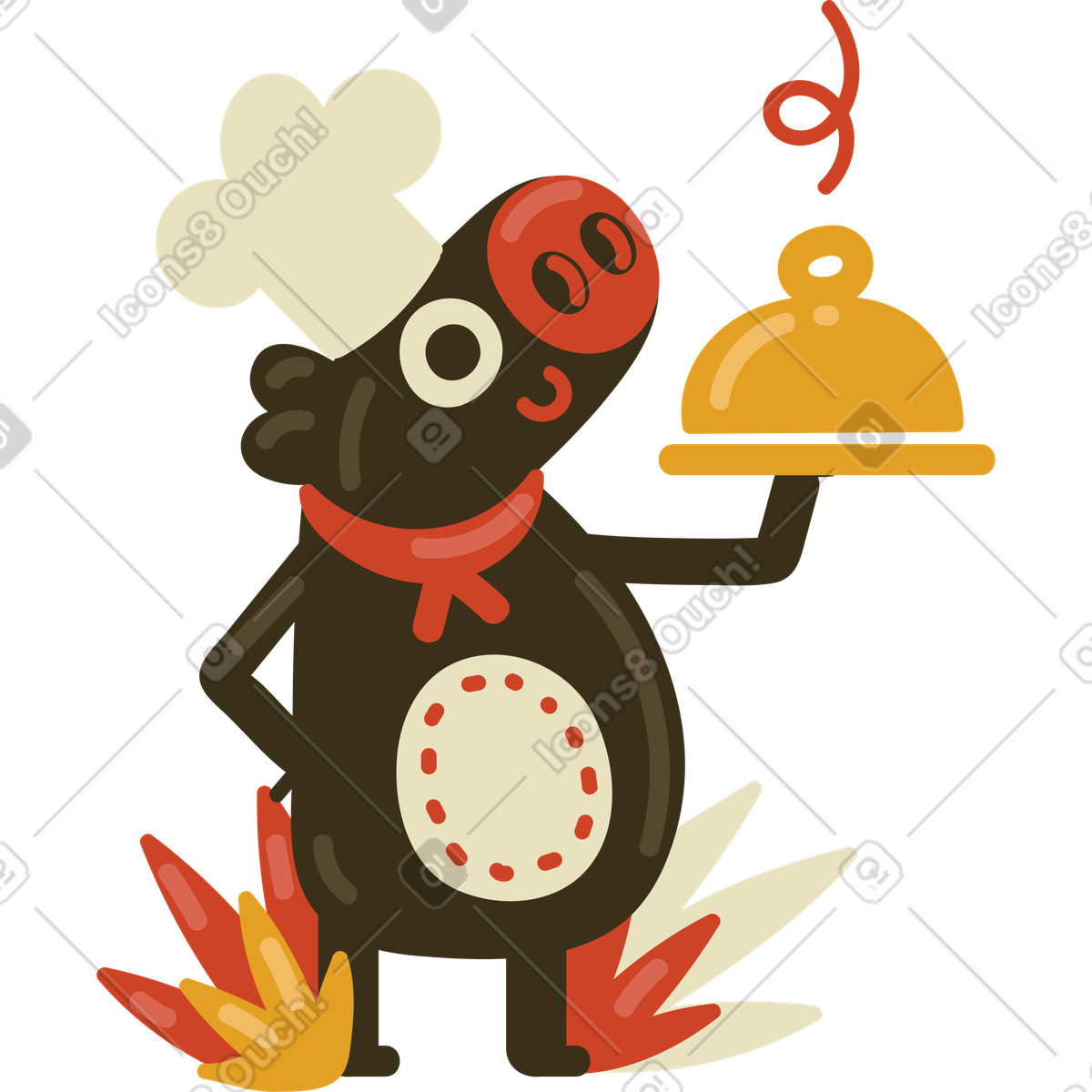 Ilustración Chef cerdo sosteniendo una bandeja cubierta con campana en estilo Arabica a descargar en PNG y SVG