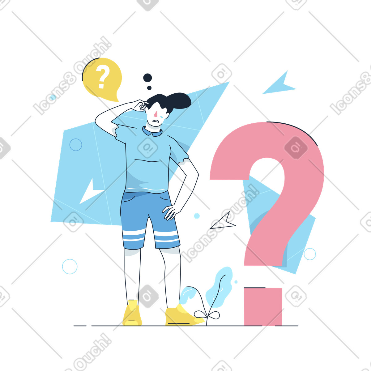 Frau wird durch einige große frage verwirrt-Illustration im Work Hard-Stil als Download in PNG, SVG