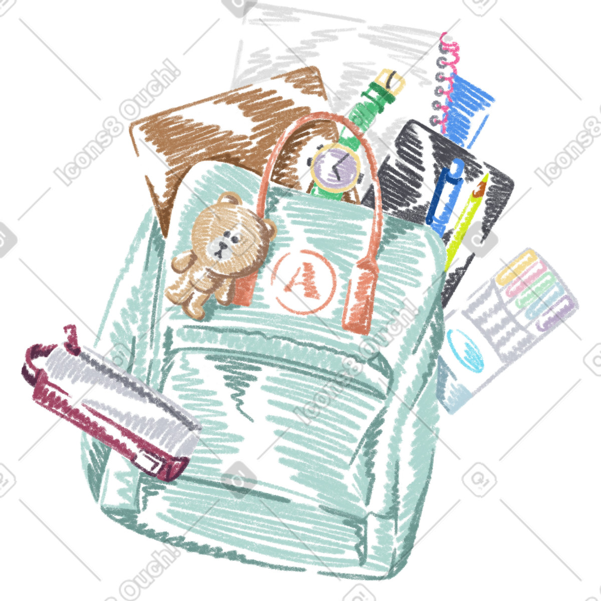 School backpack with things-Illustration im Sketchbook-Stil als Download in PNG, SVG