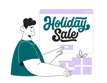 A person excited about a holiday sale - Sammy Line style illustration