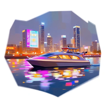 A water taxi illuminated with bright lights, navigating through a city at night