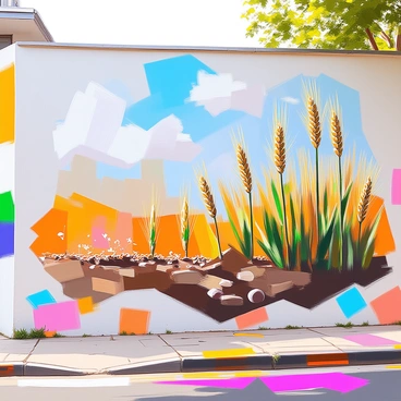 A colorful mural depicting the life cycle of barley on a city wall