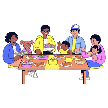 A diverse family gathered around a rectangular wooden table, sharing a meal together. Each family member is smiling and engaged in conversation. To the left, a woman with curly hair is serving a colorful salad in a large bowl. Next to her, a man with glasses is placing a steaming dish of pasta in front of him. A child with pigtails has a small plate filled with chicken nuggets, while another child with a baseball cap is excitedly reaching for a slice of pizza. The table is decorated with a bright tablecloth, and various dishes are spread across it, including fruits, vegetables, and desserts. The warm ambiance of the gathering is evident in the expressions and interactions of the family members.