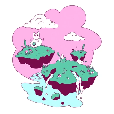 A pink sky is filled with fluffy white clouds, casting a soft light over a landscape of floating islands. Each island is a different shape and size, featuring lush green grass and vibrant flowers. Small teal creatures with oversized eyes and playful expressions are hovering around, some are flapping their wings, while others are perched on the edges of the islands. A sparkling blue river flows between the islands, and small waterfalls cascade into the air, creating a mist that catches the light. The overall scene is whimsical and enchanting, inviting exploration and curiosity.
