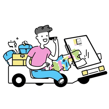A comedian, wearing a bright red t-shirt and jeans, is seated in a compact car filled with travel gear. The car has an open map spread out on the dashboard, displaying various routes on a colorful background. In the backseat, there are suitcases and a microphone stand. The comedian has a playful smile, holding a pair of sunglasses in one hand, looking out the window at the passing scenery. A comedy tour poster is slightly visible on the side of the car, adding to the travel theme.