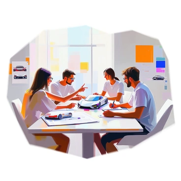 A group of five car designers is gathered around a large table in a well-lit meeting room. They are engaged in a lively discussion about new car concepts, with sketches and design prototypes scattered across the table. One designer, with short brown hair and glasses, is pointing at a detailed blueprint of a sleek car design, while another designer, with long black hair, is taking notes on a tablet. A third designer, dressed in a casual t-shirt, is leaning forward, excitedly sharing ideas. On the walls, there are vibrant mood boards showcasing various car styles and color palettes. A large window allows natural light to illuminate the space, creating a dynamic atmosphere for creative collaboration.