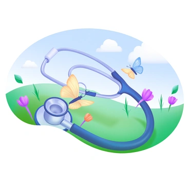 A stethoscope is lying on the ground in an open field, its shiny metal parts reflecting sunlight. Delicate butterflies, with intricate wing patterns in shades of blue and yellow, are resting on the tubing of the stethoscope. The field is filled with lush green grass and colorful wildflowers gently swaying in the breeze. In the background, a clear blue sky stretches endlessly, dotted with a few fluffy white clouds.