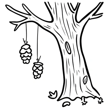 A creative wind chime made from various pine cones is hanging gently from a sturdy tree branch. The wind chime features different sizes of pine cones, some with small twigs and pieces of string connecting them. Soft shadows cast by the pine cones create a pattern on the textured bark of the tree. Surrounding the tree are scattered leaves, and a light breeze is suggested by the slight movement of the wind chime.
