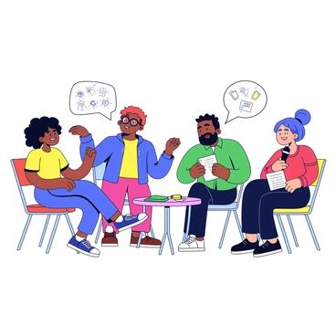 A group of four aspiring comedians is gathered in a brightly lit room, each seated on colorful folding chairs. One comedian, a woman with curly hair wearing a yellow t-shirt, is animatedly sharing a joke, her hand raised in a comedic gesture. Another comedian, a man with glasses and a blue hoodie, is laughing heartily, his head tilted back. The third participant, a man with a beard in a green button-up shirt, is nodding and taking notes on a notepad. The last comedian, a woman with straight hair wearing a red tank top, is holding a microphone, looking ready to perform. Various sketches and notes are scattered on a small table nearby, adding to the creative atmosphere.