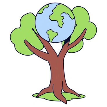 A large, ancient tree with a thick trunk and expansive branches reaches upward. Its roots are visible, winding through the ground and intertwining with a vibrant green landscape. Emerging from the roots is a globe, displaying a variety of blue oceans and green landmasses. The globe appears to be seamlessly connected to the tree, symbolizing growth and unity. The scene captures the connection between nature and the world.