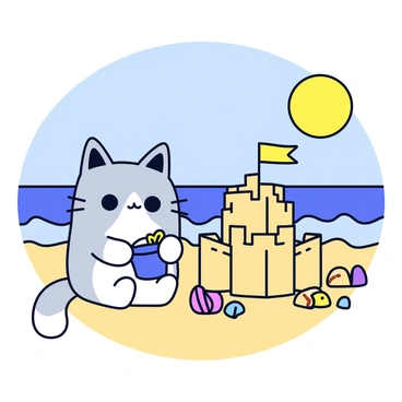 A cute kawaii cat with large sparkly eyes and a smiling expression is sitting on the sandy beach. The cat is light gray with white patches and has oversized ears. In front of the cat, there is a small sandcastle that has multiple towers and a flag on top. The cat is holding a tiny blue bucket in one paw and a yellow shovel in the other. A few colorful seashells are scattered around the base of the sandcastle. The background features gentle waves lapping at the shore and a bright sun shining in a clear blue sky.