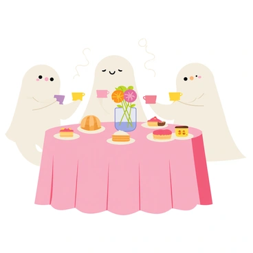 A whimsical tea party featuring three translucent ghosts seated around a round table draped with a pastel pink tablecloth. The ghosts have soft, flowing edges and gentle expressions, each holding a floating teacup that hovers in front of them. The table is adorned with an assortment of colorful pastries and cakes, all placed on delicate china plates. A small bouquet of vibrant flowers sits in a glass vase at the center of the table. In the background, playful wisps of mist swirl around, adding to the enchanting atmosphere of the scene.
