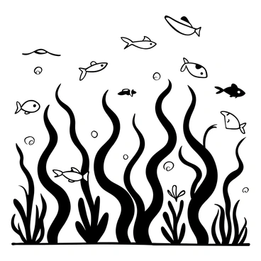 A grove of tall aquatic plants stands underwater, with long, flowing leaves extending in various directions. Fish of different shapes and sizes swim gracefully, weaving in and out among the plants. Light filters through the water, creating soft shadows and highlights on the plant leaves. The scene is filled with numerous fish, some darting quickly while others glide slowly, adding movement to the tranquil underwater environment.