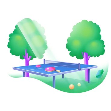 A vibrant outdoor scene showcasing a "blue table tennis table" placed prominently in the center. The table is set against a backdrop of "tall, lush green trees" that create a natural frame around it. Sunlight filters through the leaves, casting dappled light patterns on the table and ground. A few scattered "table tennis paddles" and "balls" rest on the table, inviting players to join. The overall atmosphere is lively and fresh, highlighting the joy of outdoor activity.