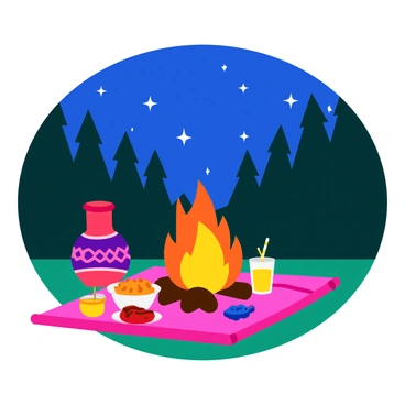 A lively camping scene with a crackling campfire at the center, surrounded by glowing orange and yellow flames. Beside the campfire, there is a colorful bong with intricate designs, reflecting the firelight. The background is filled with a starry sky, where bright white stars twinkle amidst a deep blue backdrop. Silhouetted trees frame the scene, adding a sense of depth. In the foreground, a cozy blanket is spread out, scattered with snacks and drinks, enhancing the fun atmosphere of the gathering.
