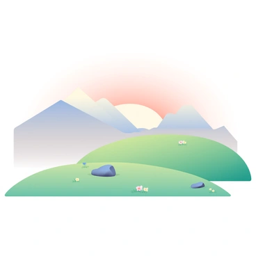 The first light of dawn is casting a soft glow over a tranquil plateau. The sky is a gradient of pale pink and soft orange hues as the sun begins to rise. In the foreground, there are gentle rolling hills covered with green grass, dotted with small wildflowers. A few scattered rocks are visible, creating texture on the landscape. In the distance, majestic mountains rise against the horizon, partially shrouded in mist. The overall scene conveys a sense of calm and the promise of a new day.