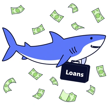 A large shark with a streamlined body is swimming through a vast ocean filled with floating paper bills. The bills are various shades of green, some crumpled and some flat, creating a dynamic underwater scene. The shark has a determined expression and is carrying a black briefcase prominently labeled with the word "Loans" in white letters. The briefcase is held firmly in the shark’s mouth as it glides through the sea of money.