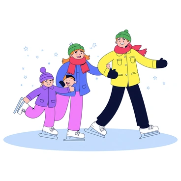 A family of four ice skating together on a frozen pond. The mother is wearing a red scarf and a blue coat, while the father sports a green beanie and a yellow jacket. The two children, a boy and a girl, are bundled up in purple and pink winter outfits, respectively. They are all smiling as they glide across the ice, with snow gently falling around them. The scene captures the joy of winter activities, showcasing their colorful attire against the white ice.