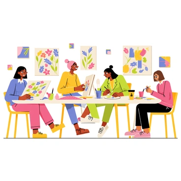 A diverse group of women engaged in a vibrant creative art workshop. The women range in age and ethnicity, showcasing different styles of clothing, including bright colors and patterns. They are seated around a large table covered with various art supplies such as paints, brushes, and canvases. Each woman is focused on her artwork, with expressions of concentration and joy. One woman is painting flowers in vivid colors, another is working on a collage with patterned paper, while a third is sketching with pencils. The background features colorful artwork hanging on the walls, enhancing the lively atmosphere of the workshop.