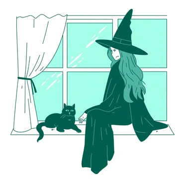 A teal witch with long flowing hair is sitting on a white windowsill. She is wearing a dark cloak with a pointed hat. Beside her, a fluffy black cat is comfortably curled up, its eyes half-closed. The witch is gazing out the window, and there are a few scattered autumn leaves on the sill. A gentle breeze is causing the curtain to flutter softly in the air.