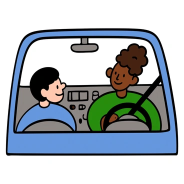 A teenager with light skin and short black hair is focused behind the wheel of a car. The teenager is wearing a blue t-shirt. In the passenger seat, there is a parent with medium skin and curly hair, wearing a green shirt. The parent is looking at the teenager with an encouraging expression. The car interior is detailed, featuring a dashboard with various controls, and the steering wheel is in the foreground.