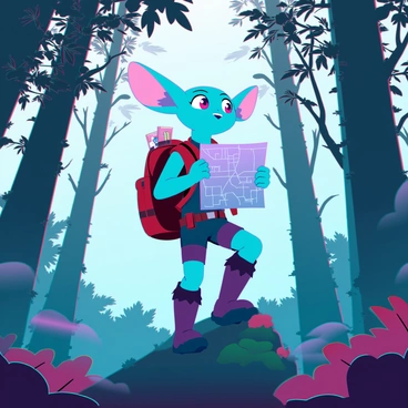A brave gremlin holding a tiny map, ready for an exciting adventure in the woods.