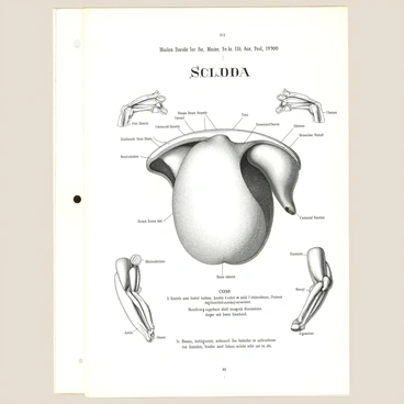 A page from a vintage anatomy book is displayed, featuring a detailed illustration of a scapula. The scapula is positioned centrally on the page, showcasing its distinctive shape and contours. The illustration is labeled with annotations in an elegant, serif font, identifying parts such as the glenoid cavity, acromion, and coracoid process. Surrounding the scapula, there are additional smaller diagrams of muscles that attach to it, each with corresponding labels for clarity. The overall aesthetic reflects the classic style of old anatomical studies, with fine lines and intricate details.