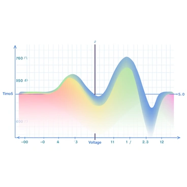 An illustration features a sinusoidal AC waveform plotted on a grid graph. The waveform has smooth, flowing curves that oscillate above and below the horizontal axis. The horizontal axis is labeled "Time" and the vertical axis is labeled "Voltage." The graph includes grid lines to enhance visibility. The amplitude of the waveform peaks at a defined height, with clear markings indicating positive and negative voltage values. The entire scene is presented with a soft gradient color palette, subtly blending colors in the background to create a visually appealing effect.