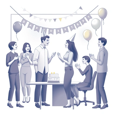 Two coworkers are standing in an office workspace decorated with colorful balloons and a small cake on a table. Each coworker has a surprised expression as they look at each other, holding party hats in their hands. One coworker is wearing a light-colored shirt and the other is dressed in a patterned blouse. Streamers hang from the ceiling, and a “Happy Birthday” banner is draped across the wall behind them. A few colleagues are gathered around, smiling and clapping, with one person holding up a card that reads “Happy Birthday!” in large letters.