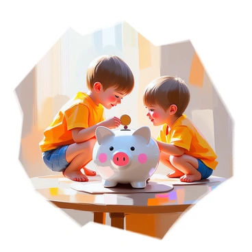 A child with short brown hair is leaning over to drop a shiny coin into a cute ceramic piggy bank. The piggy bank has a big smile and is painted in soft pastel colors, with tiny details like rosy cheeks and sparkling eyes. The child is wearing a bright yellow shirt and denim shorts, and their expression shows excitement as they watch the coin fall into the slot. The setting is a cozy room with warm lighting and a wooden table where the piggy bank sits.